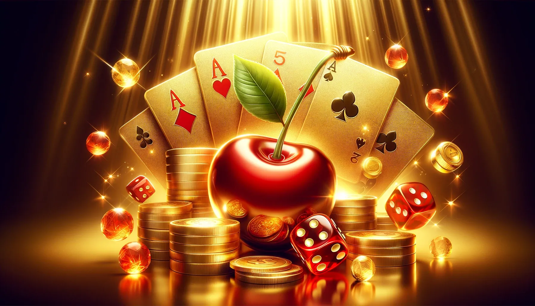 Golden casino-themed composition with a cherry and playing cards